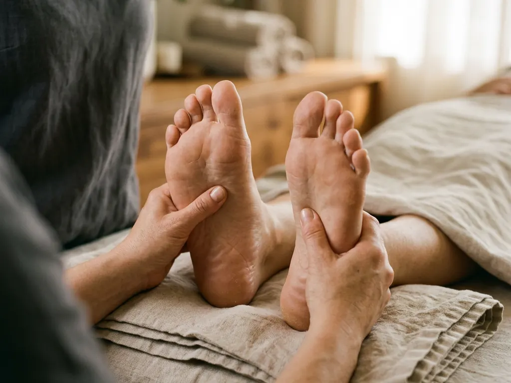 Therapist pressing points on the soles of a guest's feet with both thumbs