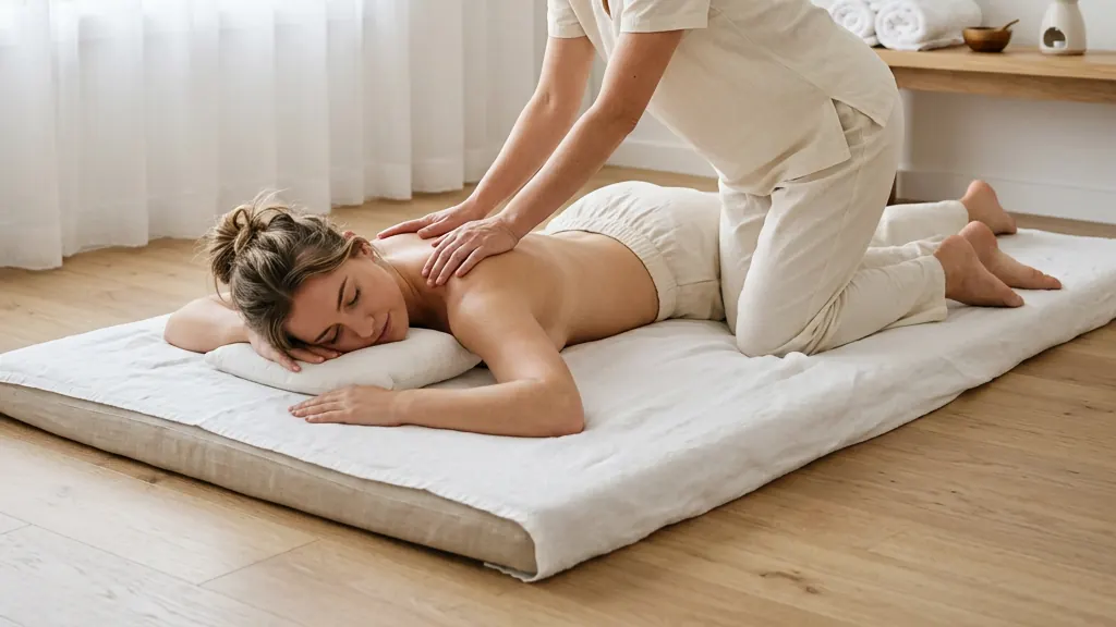 Therapist kneeling on a floor mat, thumbs pressing a guest's upper back during an acupressure massage at Healing Shiatsu, San Francisco
