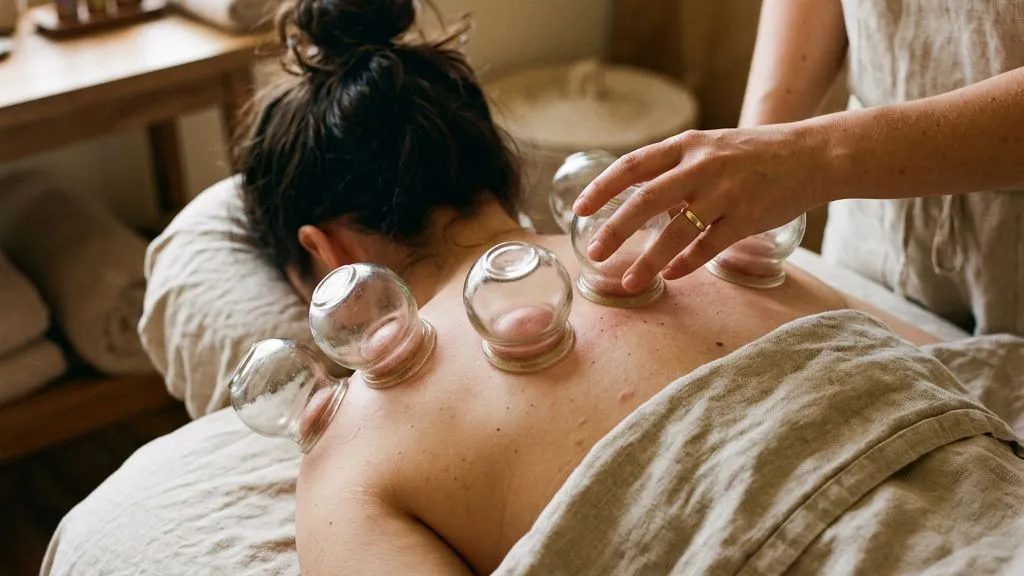 Licensed therapist setting warm glass cups along a relaxed guest's upper back during a cupping session at Healing Shiatsu in San Francisco's Outer Richmond