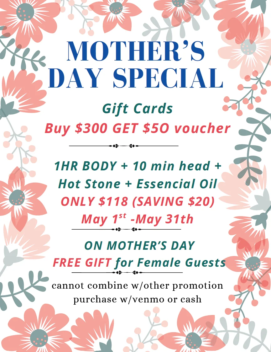 Healing Shiatsu Mother's Day Special — gift card bonus, $118 massage package, and free Mother's Day gift