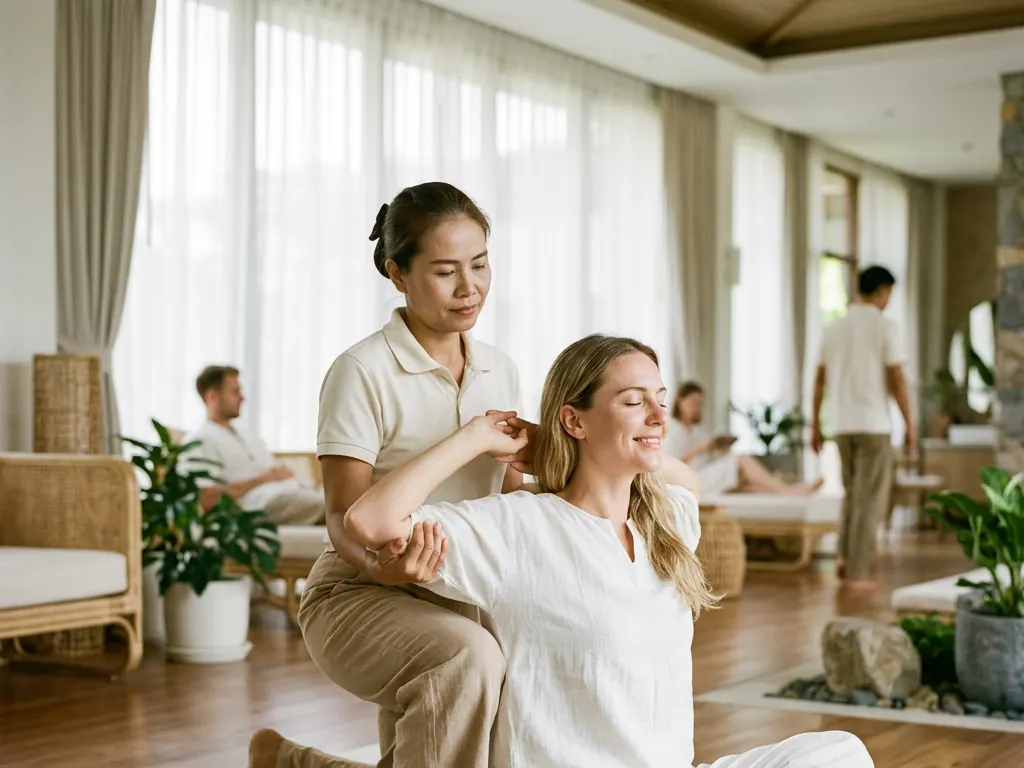 Seated guest smiling as a therapist guides a gentle shoulder and arm stretch in a bright, plant-filled room