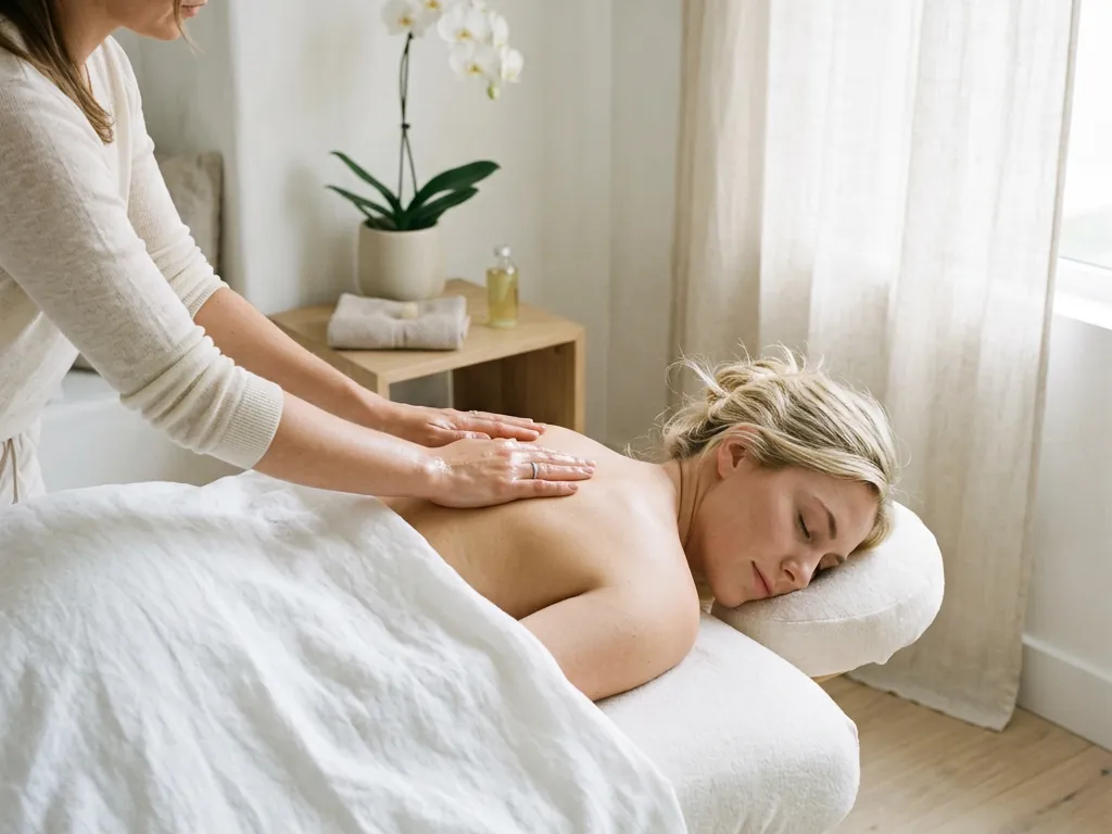A therapist using both hands to massage a client’s back beside a sunlit window