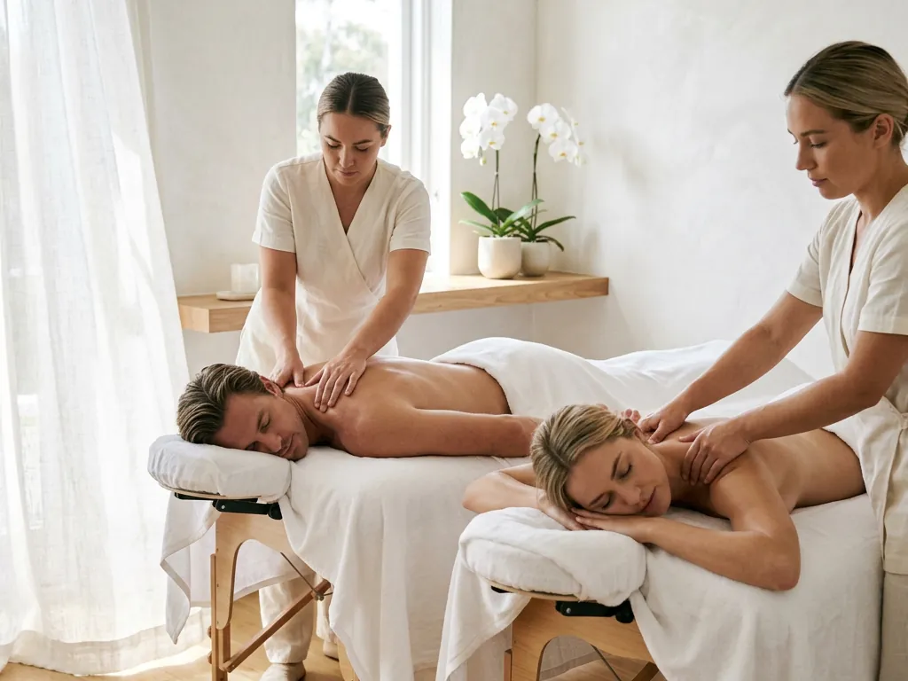 Two people receiving side-by-side massages in a bright treatment room