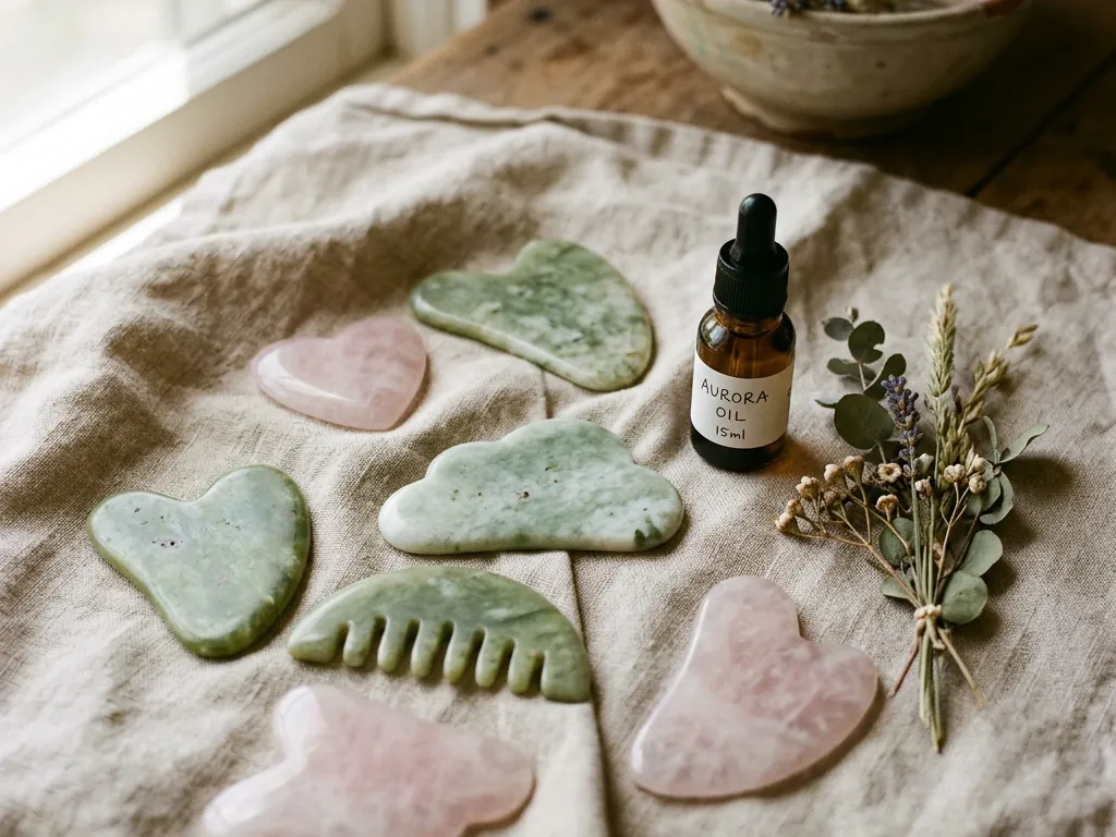 Green and pink gua sha tools arranged on linen beside a dropper bottle