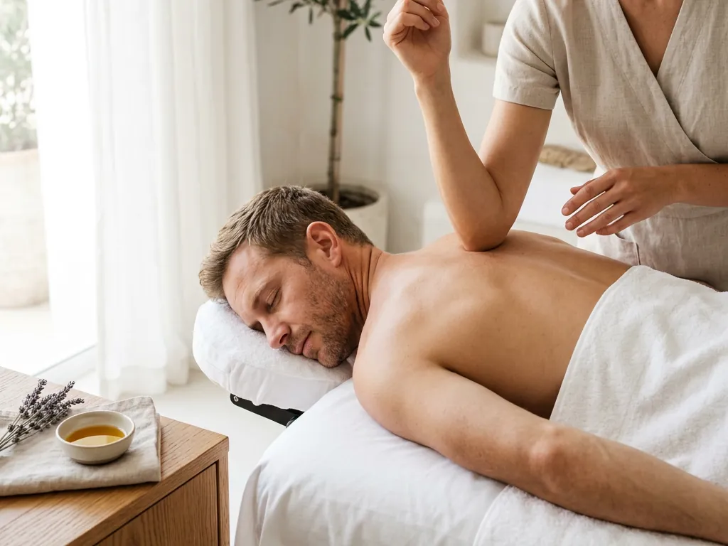 A therapist applying focused forearm pressure to a client’s upper back