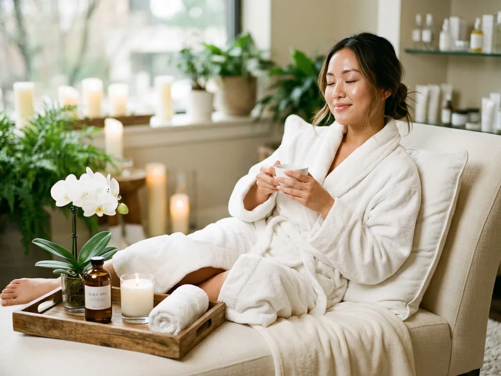 A woman in a white robe holding a cup of tea in a spa lounge