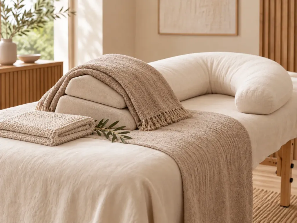 A massage table prepared with folded linens and a curved support cushion