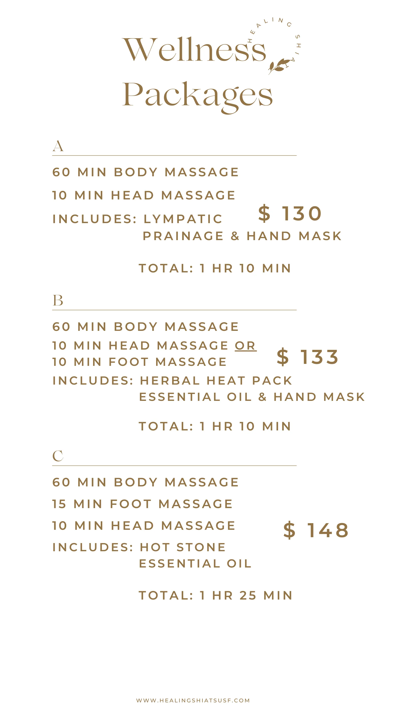 Healing Shiatsu wellness packages flyer, page 1: packages A ($130), B ($133) and C ($148)